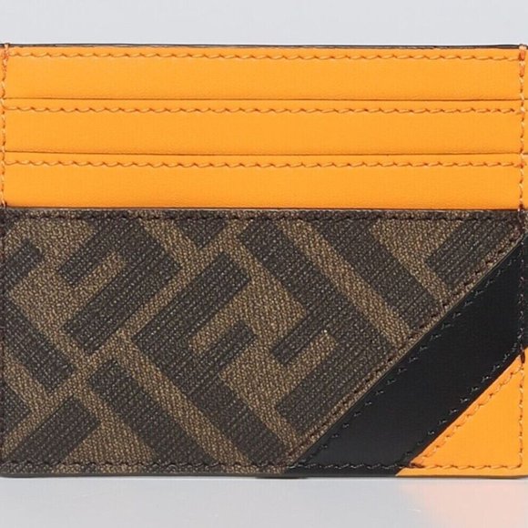 FENDI 'FF Logo w/ Orange Detail' Authentic Men's Canvas/Leather Card Holder NWT! - Picture 12 of 15